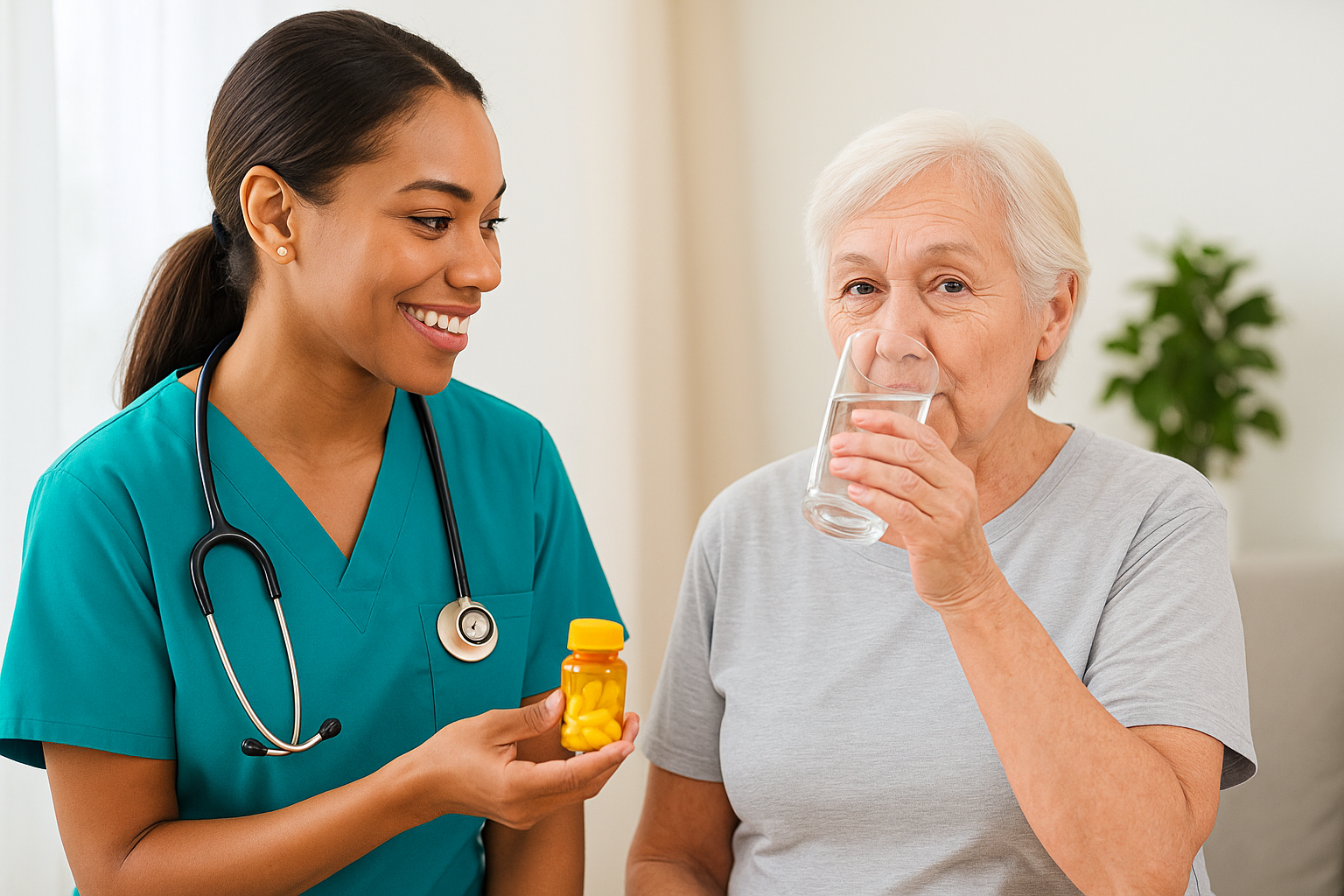 Professional caregiver providing medication reminders in DuPage County home