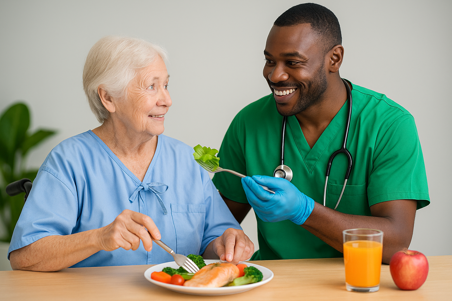 Professional caregiver providing nutrition support to senior in DuPage County